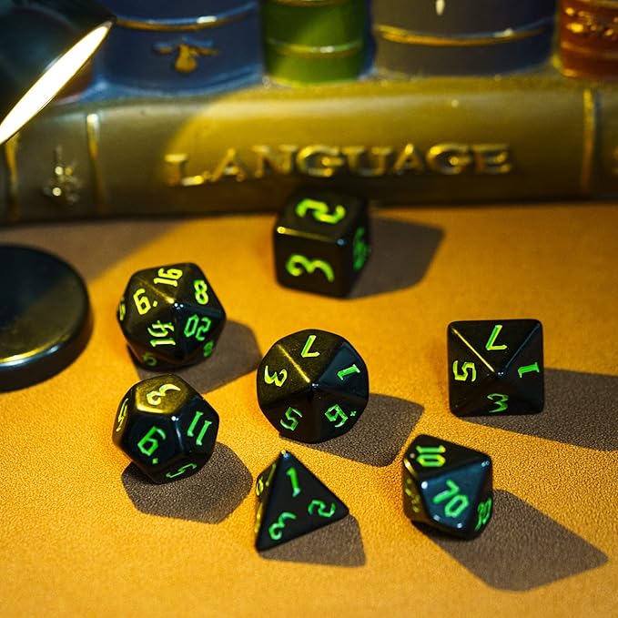 7-Die DND Dice Set Polyhedral Dice Set with a Leather Dice Bag, D&D Dice Set for Dungeons and Dragons, RPG, MTG Table Games (Black)