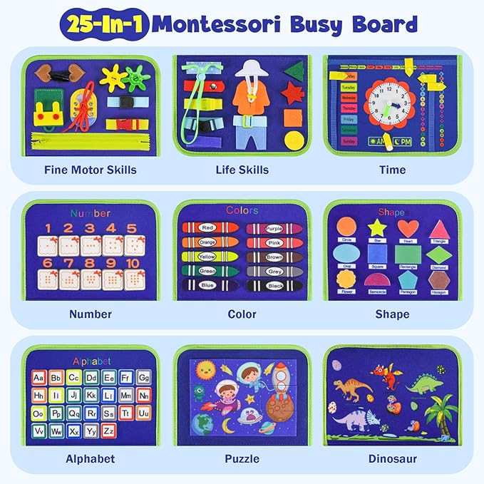 Busy Board Montessori Toys for Toddlers: Busy Book Sensory Board Quiet Book Educational Activity Book for 3 4 5 Year Old Gifts for Boys Girls Kids, Toddler Travel Toys for Airplane Car (Blue)