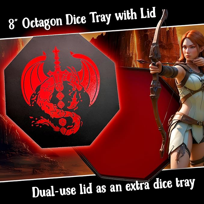 Deep Red Fire Dragon Dice Tray with Dice Sword Artwork – 9" Octagon with Lid, Holds 5 Dice Sets – Perfect for D&D, Call of Cthulhu, Shadowrun, and All Tabletop RPGs