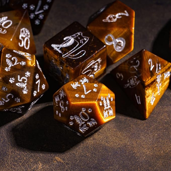 UDIXI Gemstone Dice Set D&D Tiger's Eye Stone Dice with Gift Case for Dungeons and Dragons Tabletop Game