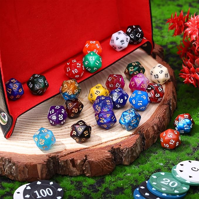 TecUnite 25 Pieces Polyhedral Dice Set with Black Pouch for Other Table Games with Random Multi Colored Assortment (Mix Color,20 Side)
