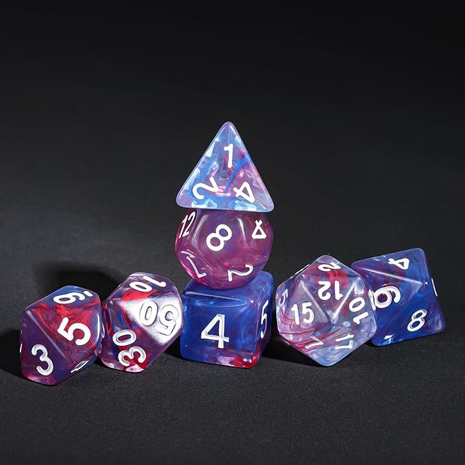 7-Die DND Dice Set Polyhedral Dice Set with a Leather Dice Bag, D&D Dice Set for Dungeons and Dragons, RPG Table Games (Transparent Blue Mix Red)