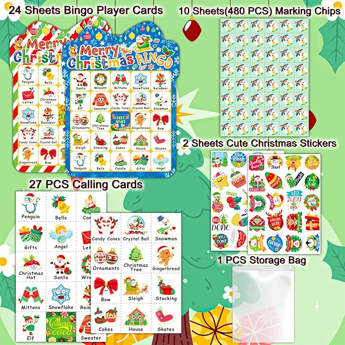 Christmas Bingo Game for Kids 24 Players, Christmas Bingo Cards Holiday Party Games for Family School Classroom Winter Party Supplies Favors Gifts
