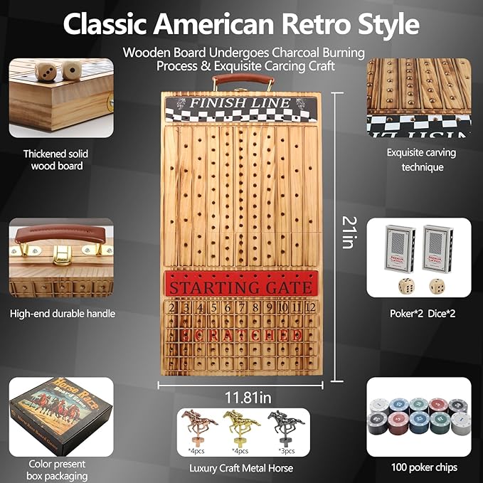 Wooden Finish Line Horse Racing Board Game Equipped with 11 Luxury Metal Craft Horses Adult Chessboard Including 2 Dice and 2 Boxes of Cards Folding Box Game Board (Light Flame)