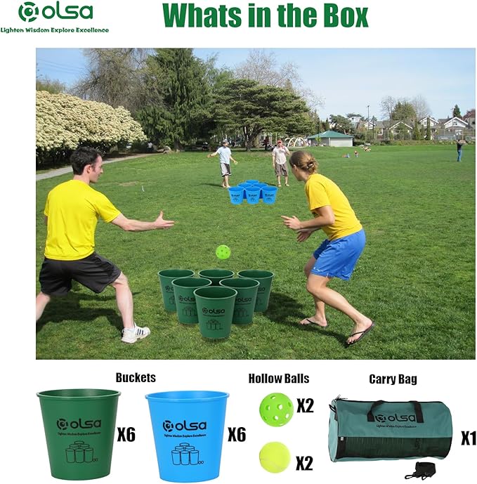 Olsa Giant Yard Pong Outdoor Games, Toss Family Games with 12 Buckets, Balls & Strength Carrying Bag for Yard Games Lawn Game Beach Games, Indoor Outdoor Games for Adults and Family (Green & Blue)