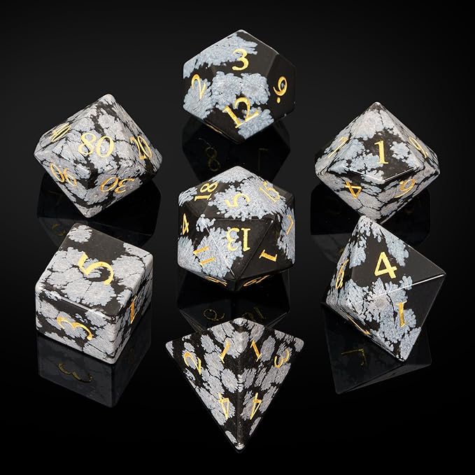 UDIXI Gemstone Dice Set DND, 7PCS Natural Snowflake Stone D&D Dice Set with Leather Gift Case for Dungeons and Dragons Table Games (Snowflake Obsidian)