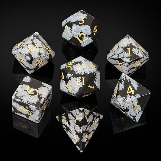 UDIXI Gemstone Dice Set DND, 7PCS Natural Snowflake Stone D&D Dice Set with Leather Gift Case for Dungeons and Dragons Table Games (Snowflake Obsidian)