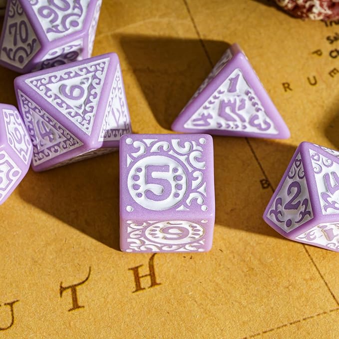 7-Die DND Dice Set New Pattern Polyhedral Dice Set with Leather Bag D&D Dice Set for Dungeons and Dragons RPG MTG Table Games(Purple White)