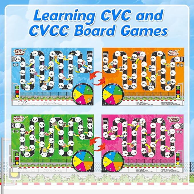 Phonics Board Games for Kids,Educational Learning CVC and CVCC Board Games for Boys and Girls,Reading and Spelling Word Games Ages 4 5 6,Classroom Travel Indoor Outdoor Family Games