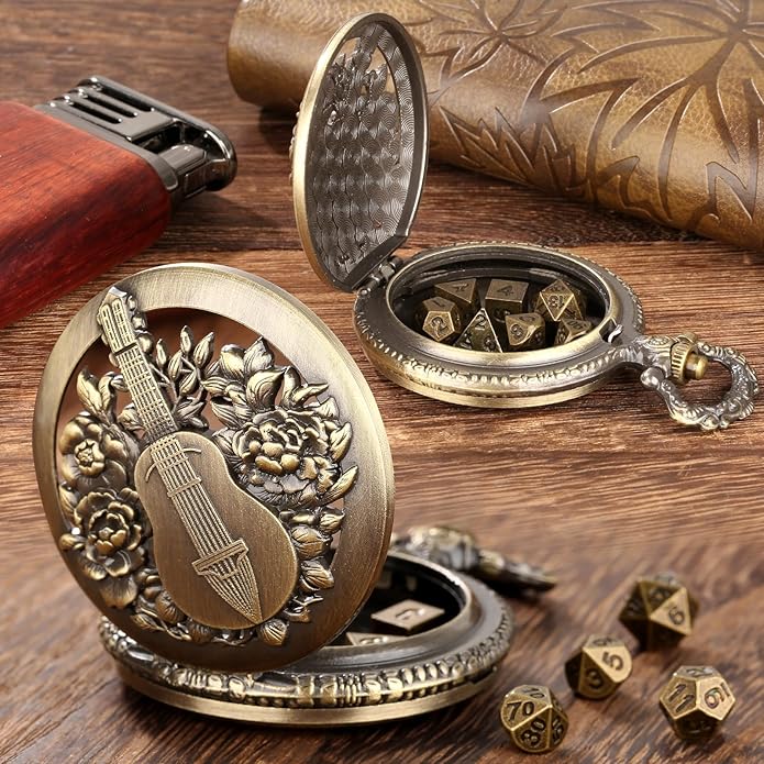 Mini DND Dice Set Steampunk Hollow Bard Pocket Watch Shell Case, 7pcs Tiny Polyhedral Metal D&D Dice Set, DND Gifts with Leather Bag, Role Playing Board Games Accessories, Bronze