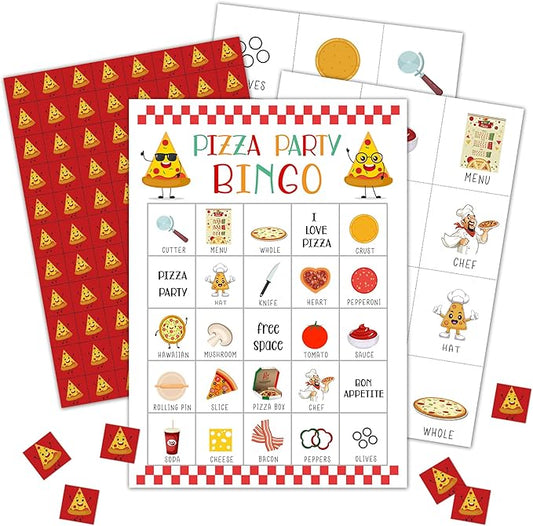 Pizza Bingo Party Games with 24 Players, Pizza Party Time, Birthday Party Games Card, Family Activities Bingo Cards for Women Men Birthday Party Supplies, Party Favors Gifts for Friends - FS179