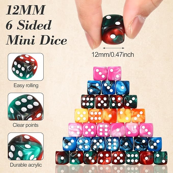 144 Pieces 12mm 6 Sided Mini Dice Set for School Classroom Table Games Marble Two Colors D6 Game Standard Dice with Portable Plastic Box for Bunco or Teaching Math Learning (Fresh Color)