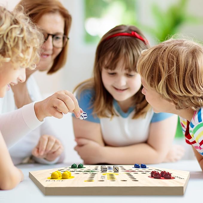 Wooden Board Game, Board Game Original Marble Game Double Sided Painted 2 to 6 Player Fast Track Board Game Wooden with 6 Colors 24 Marbles 6 Dice for Adults Kids Family(20 INCH)