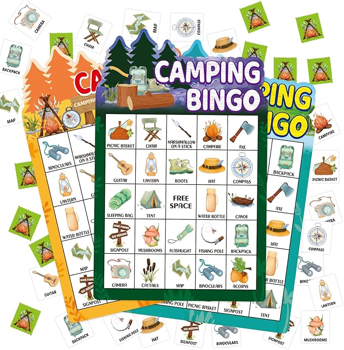 Fancy Land Camping Bingo Game for Kids 24 Players Die Cut Outdoor Adventure Game Summer Graduation Party Supply