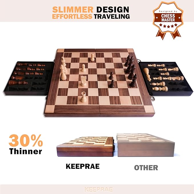 15” Magnetic Wooden Chess Set with Removable Chess Piece Case, KEEPRAE Folding Travel Chess Board Game for Adults & Kids, Tournament & Beginner