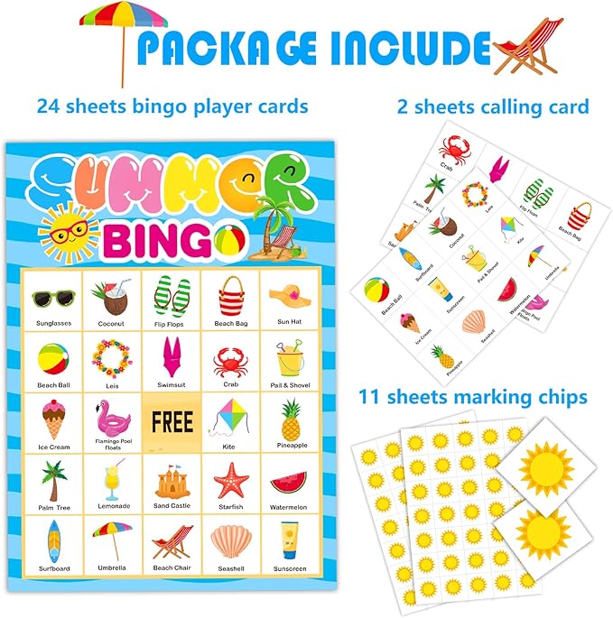 Summer Party Games Summer Bingo Game for Kids Pool Party Favors 24 Players Board Game Table Bingo Cards Game for Large Group Activities