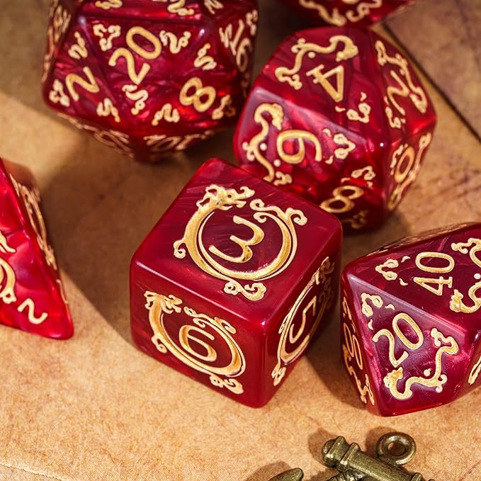 7-Die DND Dice Set Dragon Pattern Polyhedral Dice Set with Leather Bag D&D Dice Set for Dungeons and Dragons RPG MTG Table Games (Red W/Gold Dragon Pattern)