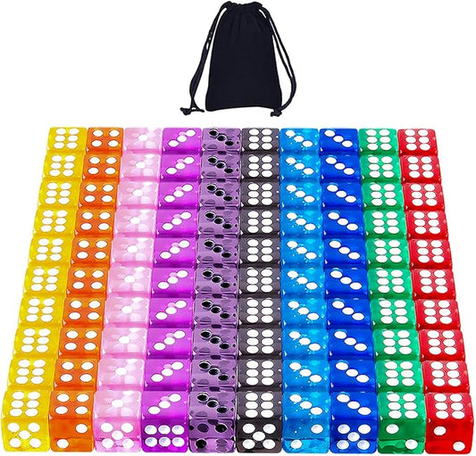 AUSTOR 100 Pieces Dice 12mm Game Dice Set 6 Sided Dice Translucent Colors Square Corner Dices Set for Tenzi, Farkle, Yahtzee, Bunco or Teaching Math with a Velvet Drawstring Bag