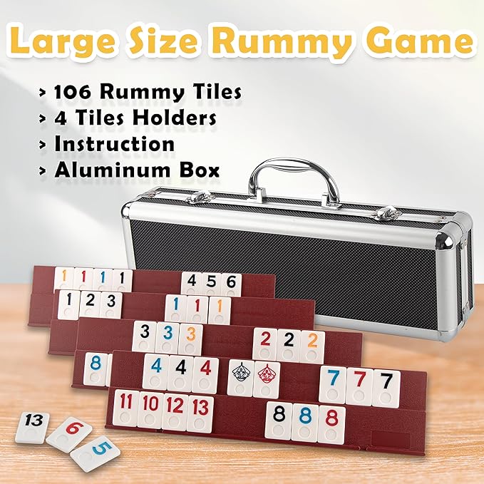 Smilejoy Rummy Cube Game Four Players Edition, Deluxe 106 Tiles Rummy Cube with Portable Aluminum Box, Classic Board Game for Children and Adults,4 Durable Plastic Trays,1 Dice (2-4 palyers)