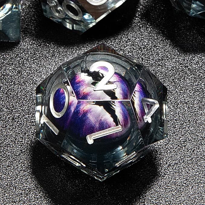 Dragon Eye Liquid Core Resin Dice Set 7 PCS Sharp Edges Handmade Craft with Gift Box Perfect for Dungeons and Dragons DND (Black-Purple)