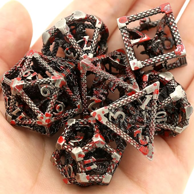 D&D Dice, Dungeons and Dragons Dice HNCCESG Metal Dice Set Polyhedral Hollow Role Playing for RPG MTG Table Board Games (Dragon Silver Blood Spot)