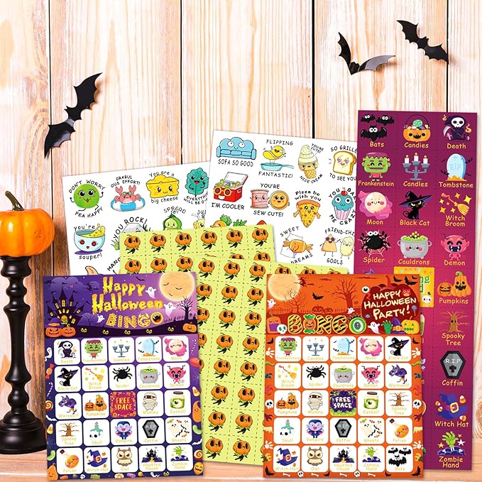 Halloween Bingo Cards, 24 Players Halloween Bingo Game for Kids Adults with Punny Stickers Cute Party Game for Family Classroom Large Group