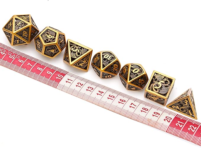 Hollow Metal DND Game Dice Dragon Design Ancient Gold 7Pcs Set for Dungeons and Dragons RPG MTG Table Games D&D Pathfinder Shadowrun and Math Teaching (with Metal Case)