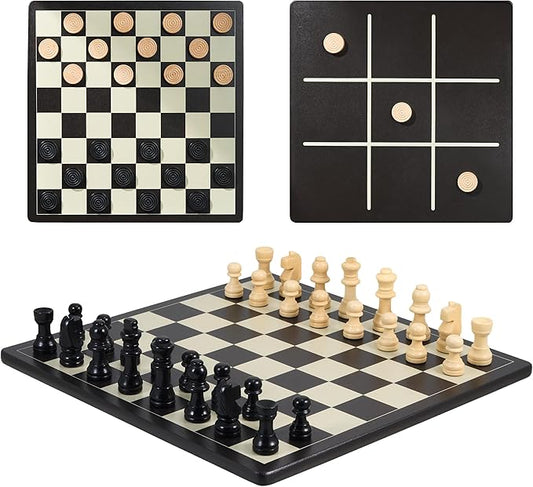 3 in 1 Chess, Checkers and Tic-Tac-Toe Set – Wooden Chess Set, Double-Sided 11'' Game Board with Extra Queens – Fun Family Chess Board for Adults and Kids – Ideal for All Ages