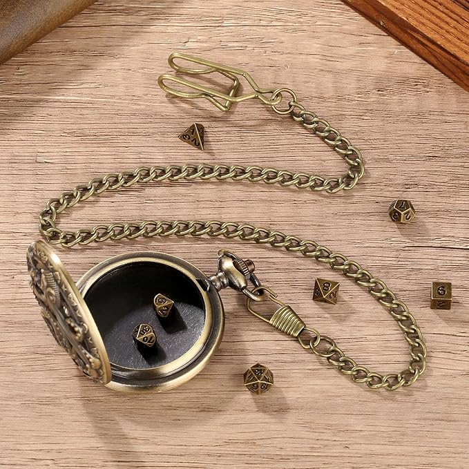 Mini DND Dice Set Steampunk Hollow Octopus Pocket Watch Shell Case, 7pcs Polyhedral Metal D&D Dice Set, DND Gifts with Gift Box for Player, Role Playing Board Games Accessories, Bronze