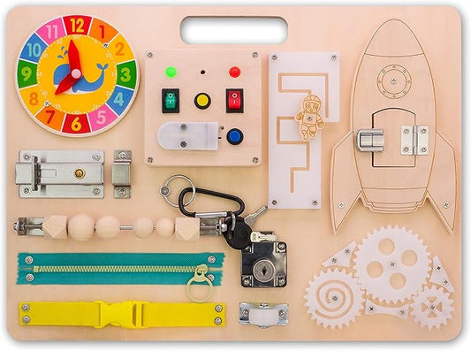 Busy Board for Toddlers 1-3 - Wooden Sensory Baby Activity Montessori Light Switch Toy - Kid's Educational Toys