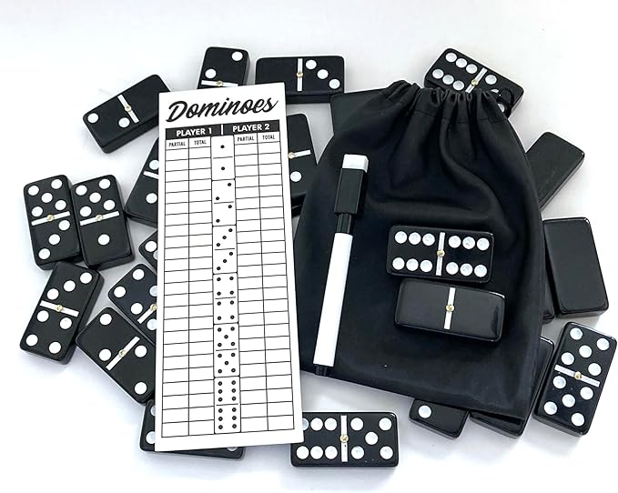 PRK 14 Double Six Dominoes Set Large Size with Reuseable Score pad & Pen Comes with Travel-Friendly Storage Bag Domino Set Black Color (02)