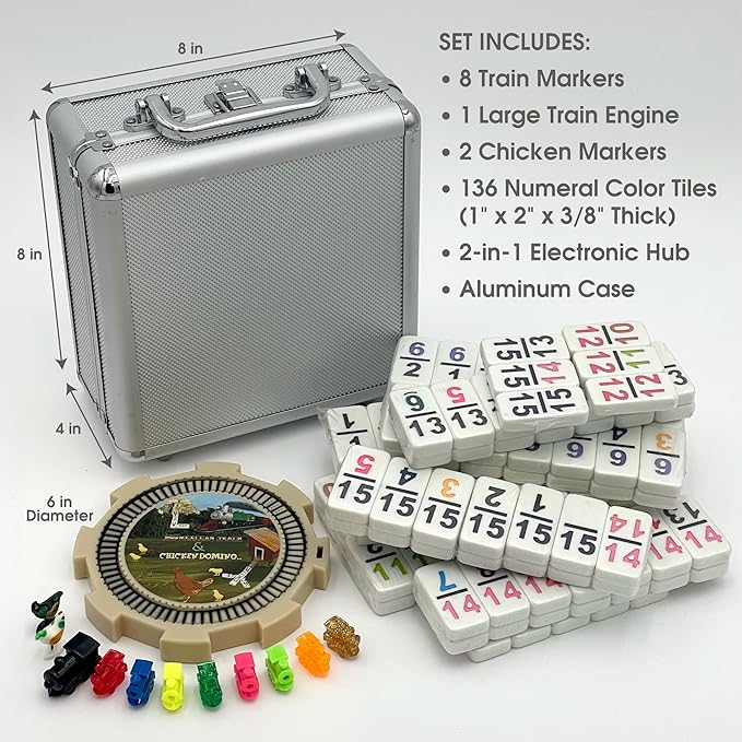 CHH Double 15 Numeral Pro Size Mexican Train & Chicken Domino Set in Aluminum Case – 136 Multicolor Tiles – Complete Set with Train Markers and Hub