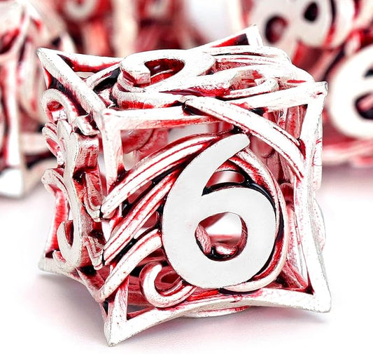 DND Dice Metal for Dungeons and Dragon 7 Polyhedral Dice Set Hollow Metal Vine D&D Dice for Role Playing Game RPG (White Red)