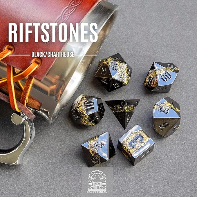 Sage's Portal Metal Riftstone DND Dice 7-PC Polyhedral Dice Set for DND TTRPG Dungeons and Dragons Pathfinder Oversized Designer Dice (Gloss Black/Chartreuse)