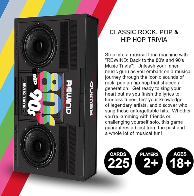 Mojo Games, Rewind, Back to The 80's and 90's Music Trivia - Nostalgic Pop Culture, Rock, Pop and Hip Hop Card Game for Family and Friends Game Night (Music Trivia)