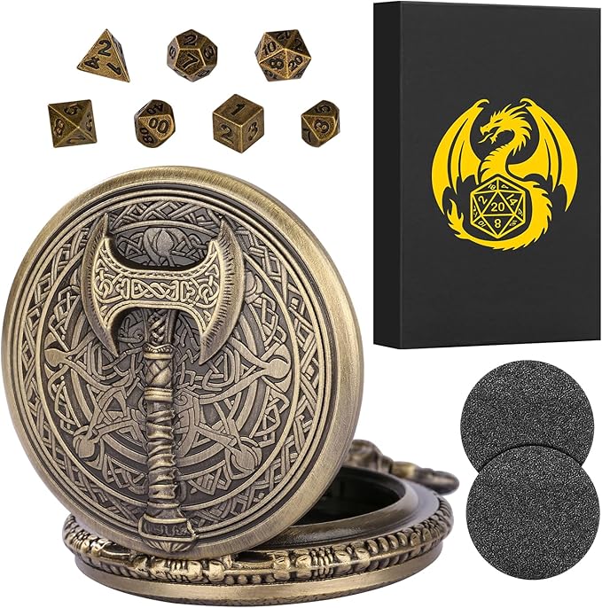 Mini DND Dice Set with Steampunk Barbarian Axe Pocket Watch Shell Case, 7pcs Polyhedral Metal DND Dice Set, D&D Gifts with Gift Box, Role Playing Board Games DND Accessories, Bronze