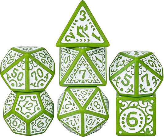 7-Die DND Dice Set New Pattern Polyhedral Dice Set with Leather Bag D&D Dice Set for Dungeons and Dragons RPG MTG Table Games(Green White)