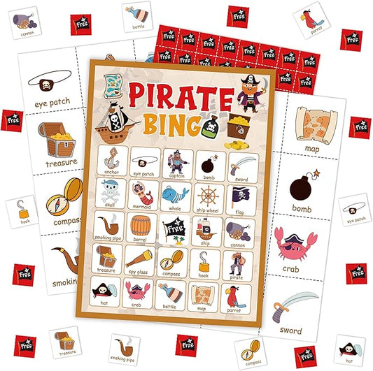 Pirate Party Bingo Card, Pirate Ship Adventures Bingo Game for Adults Family Friends, Pirate Party Favors Decorations, Pirate Games for Birthday Party, Holiday Games for 24 Players -06