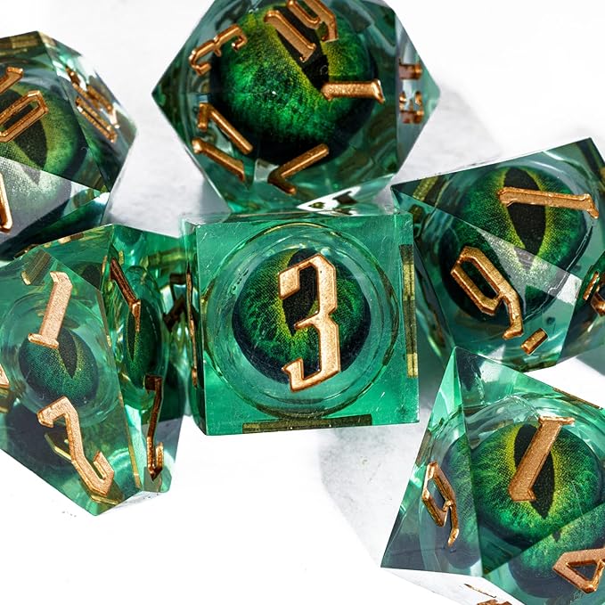 7PCS DND Dice Set,Dragon Eye Liquid Core Sharp Edge Dice Set RPG Polyhedral Die,for Dungeons and Dragons TTRPG Games Roleplaying Games Pathfinder,with Gift Box(Eyeball Green)