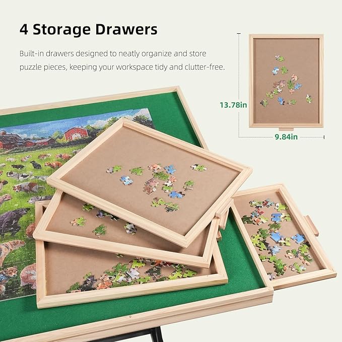 ALL4JIG 1500 Piece Jigsaw Puzzle Table with Legs,Wooden Jigsaw Puzzle Table with 4 Drawers & Cover,360°Rotating for Easy Access,Adjustable Angle & Height Adjustment