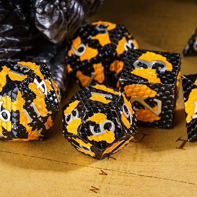 UDIXI Metal DND Dice Set Dragon Scale Polyhedral Dice D&D for Role Playing Games Dungeons and Dragons (Black Orange-Silver Number)