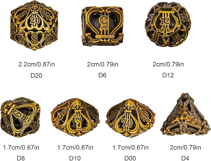 Cusdie 7-Die Metal Dice Set - Hollow Design with Bells - Crisp Sounding Gaming Dice in Tin Box - Perfect for Tabletop RPGs & Board Games(Ancient Gold)
