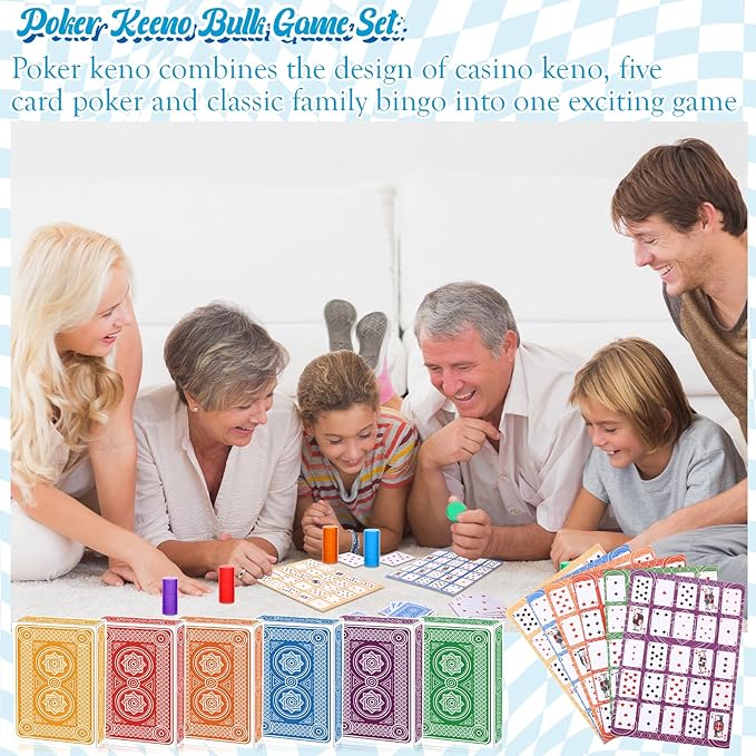 Zubebe 642 Pack Poker Keno Game Set, 36 Two-Sided Boards, 600 Transparent Scoring Chips, 6 Deck of Multicolor Playing Cards, Poker Bingo Set Keno Board Game for Gathering Activity Family Casino Night