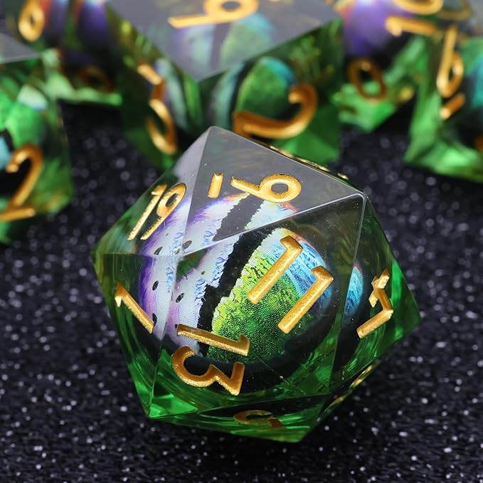 DND Dragon Eye Dice Liquid Core Set 7PCS Handmade Sharp Edge Resin Dice for Dungeons and Dragons Table Games with Gift Case