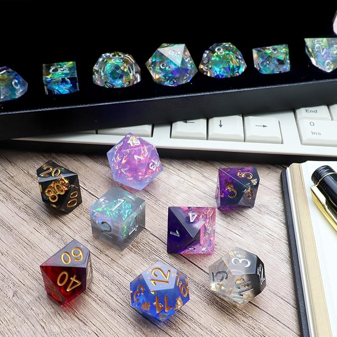 Haxtec Mystery DND Dice Set Sharp Edge Resin Dice with Dice Case Handmade Polyhedral D&D Dice Set for TTRPG Dungeons and Dragons DND Gifts