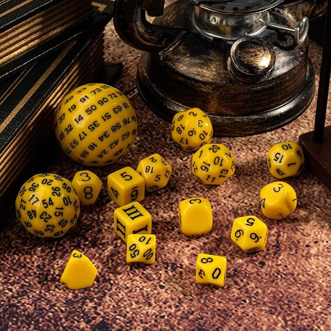 15 Pieces Complete Polyhedral DND Dice Set D3-D100 Spherical D&D Dice Set with Dragon Eye Dice Bag, D100 Dice for Dungeons and Dragons, RPG, MTG Table Games(Yellow w/Black Numbers)