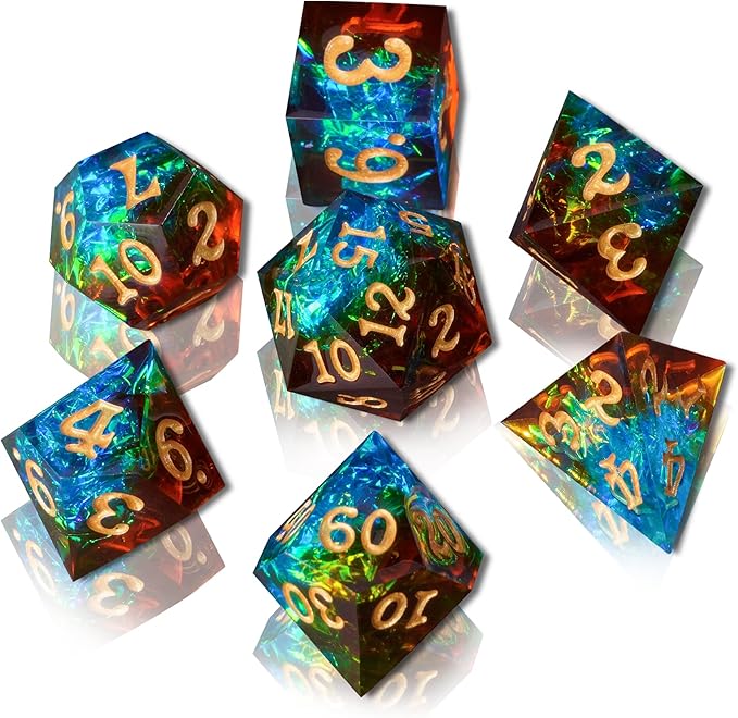 DND Dice Set Sharp Edge Galaxy Dice Handmade Resin Polyhedral Dice for Dungeon and Dragons RPG D20 Tabletop Roleplaying Party Games (Brown & Blue)