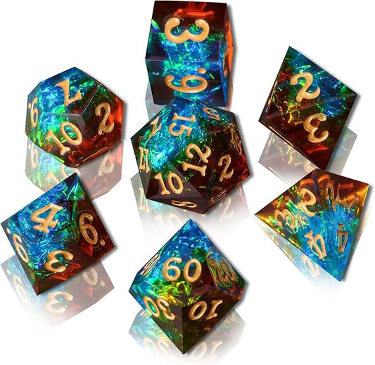 DND Dice Set Sharp Edge Galaxy Dice Handmade Resin Polyhedral Dice for Dungeon and Dragons RPG D20 Tabletop Roleplaying Party Games (Brown & Blue)
