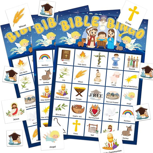 Joy Bang Bible Bingo Games for Kids, Bible Bingo Cards 24 Player Sunday School Crafts for Kids Easter Christian Religious Activities Games Holiday Nativity Party Favors Gifts for Childrens