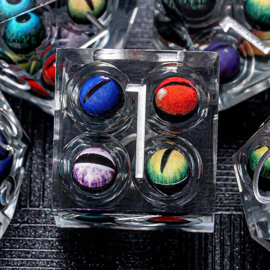 Sharp Edged Dice Set Mix Colored Eyeball Dice 22-32mm Large DND Dice with Box, Dungeons and Dragons Polyhedral D&D Role Playing Board Game D&D Dice Set D20 D12 D10 D8 D6 D4 (Colorful Eyes+Silver Ink)